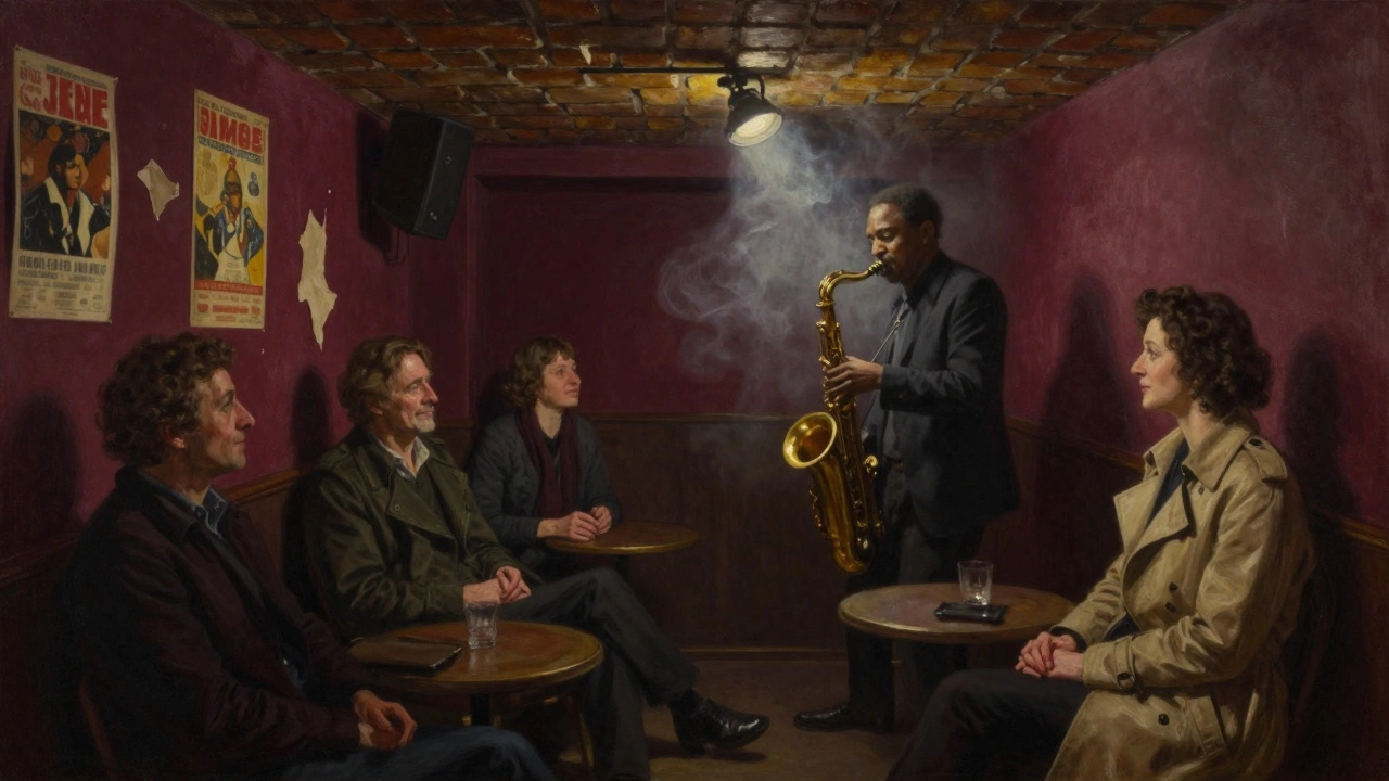 A hidden jazz club interior with a saxophonist lit by a spotlight and patrons listening closely.