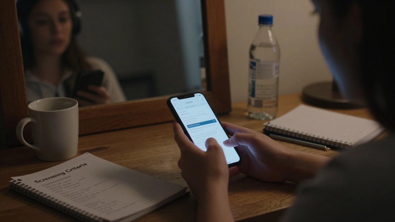 Close-up of hands typing on encrypted messaging app in dim apartment, coffee cup and water bottle on table, face in shadow.