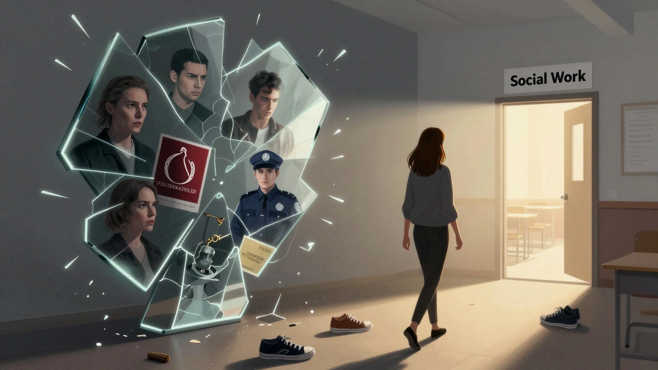 Woman walking away from fractured mirror reflecting judgment and danger, path of sneakers leads to classroom door with golden light.